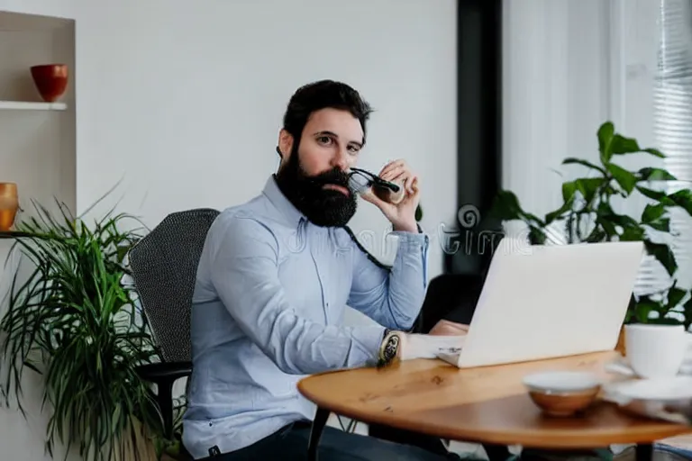 Prompt: a white man with dark hair and a trimmed dark beard is in his office during the day and is drinking coffee while having a zoom meeting on his laptop, stock photo, no watermark