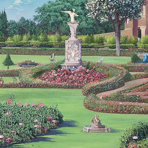 Prompt: a beautiful painting of a large perfectly cut hedge garden with fountains and statues in a field of flowers by moebius