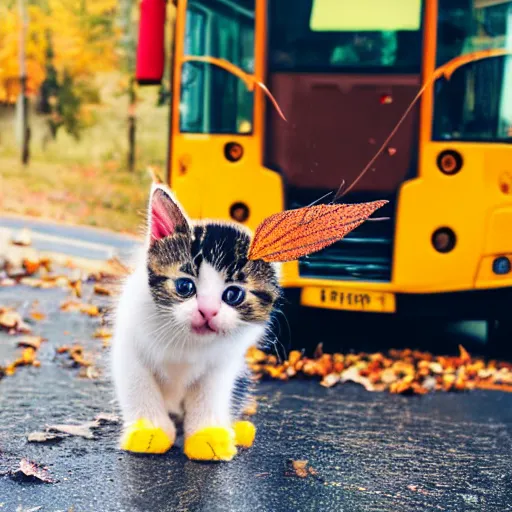Prompt: a cute kitten wearing a yellow raincoat and yellow boots getting on the school bus on the first day of kindergarten, with colorful fall leaves and light rain