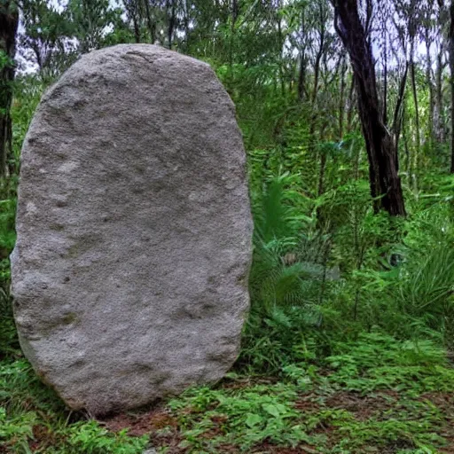 Image similar to mysterious stone portal in australian woodland,, leading to unknown destination. camera phone picture. ultra realistic.