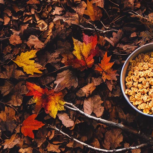 Prompt: a distant photo of a bowl of cereal on a forest floor in autumn while a shadowy man hides behind a tree