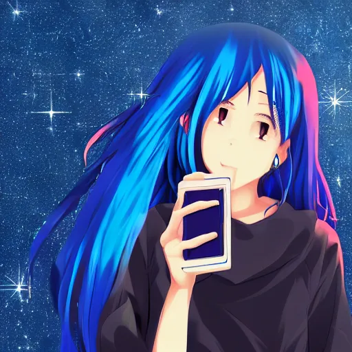 Image similar to Portrait of a beuatiful anime girl in blue hair holding a phone at night, standing near a light pole, high quality digital art 4k