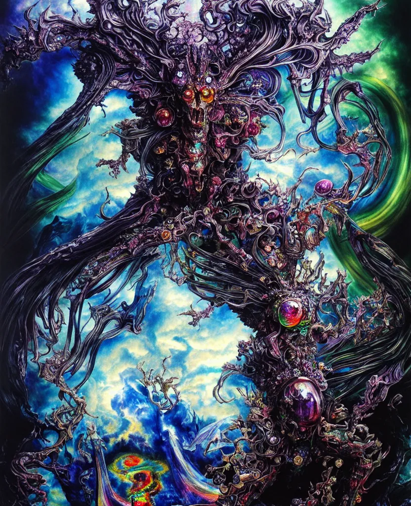 Image similar to realistic detailed image of ultra wrathful rainbow diamond iridescent mega god of chaos, depth perception, depth of field, action horror by ayami kojima, neo - gothic, gothic, part by adrian ghenie and gerhard richter. art by yoshitaka amano. masterpiece