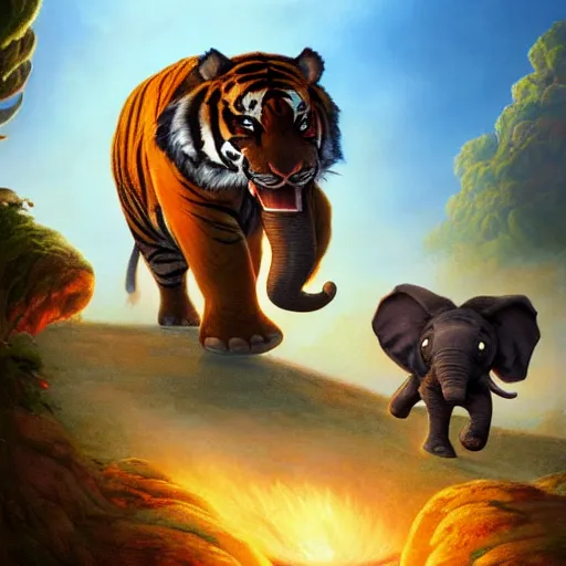 Prompt: a tiger, an elephant and a rabbit running away from a volcano by justin gerard, deviantart