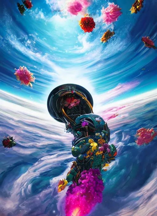 Prompt: An epic fantastic realism comic book style painting of the most beautiful flowers launched into space, bouquets hurdling toward a nebulous black hole, fisheye lens, unreal 5, DAZ, hyperrealistic, octane render, dynamic lighting