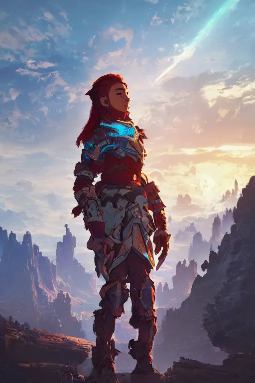 Image similar to combination suit armor aloy horizon forbidden west horizon zero dawn radiating a glowing aura global illumination ray tracing hdr fanart arstation by ian pesty and alena aenami artworks in 4 k tribal robot ninja mask helmet backpack