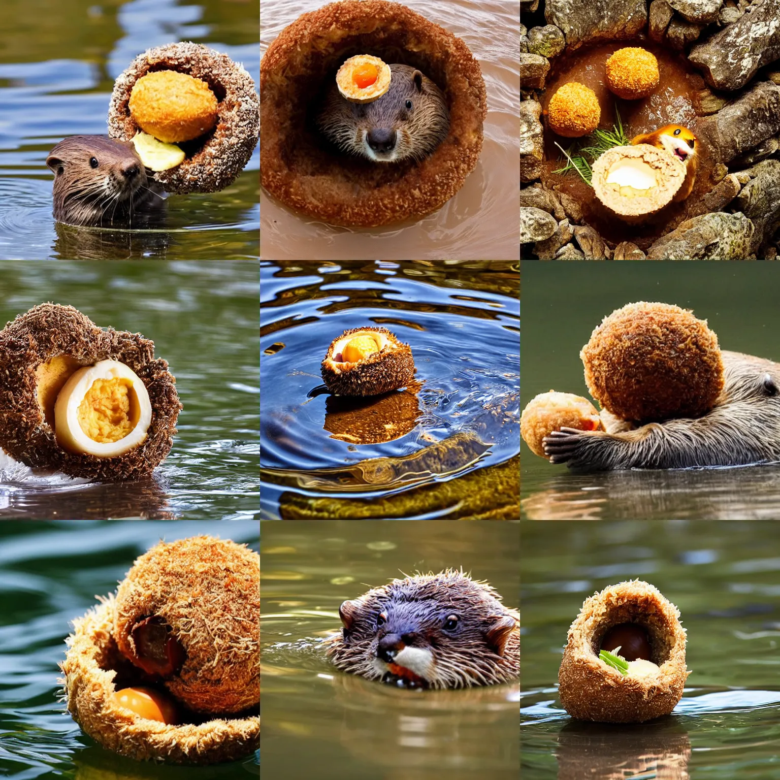 Prompt: A beaver eating a scotch egg, while floating on its back in a lake