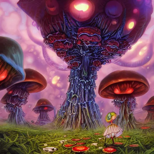 Image similar to anime 4 k headshot portrait of a psychedelic demonic anthropomorphic insect knight with mushroom themed clothes, magic mushroom village in background by jeff easley, award winning, stylized neon, post - processing, masterpiece, superb resolution. in the art style of junji ito and greg rutkowski. detailed mushroom city in background. hyper realistic anime. perfect art. dalle 2