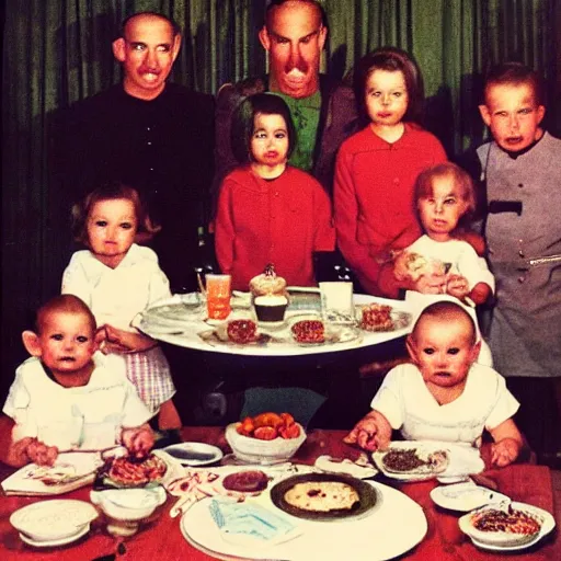 Image similar to occult satanic food ritual, family photo, 1 9 6 0 s, kodachrome