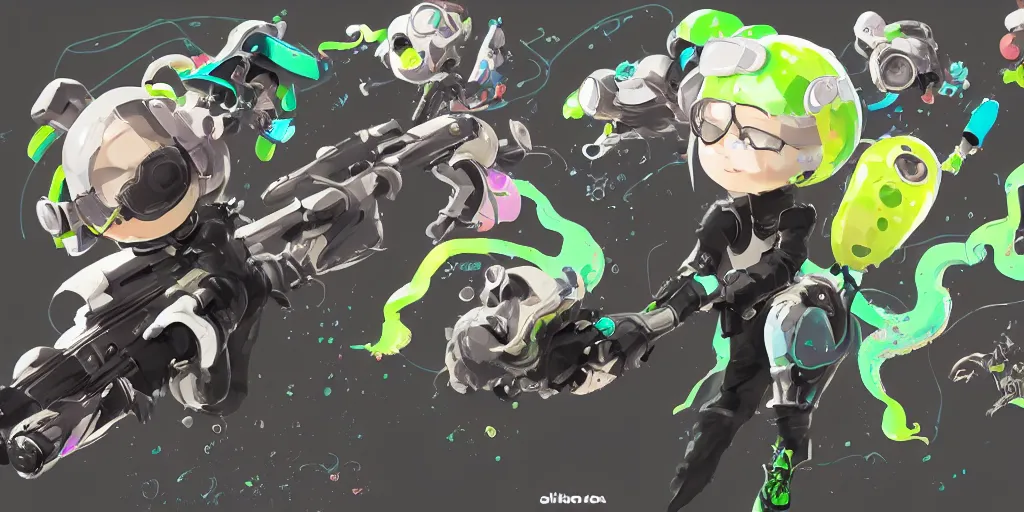 Prompt: splatoon nintendo one character digital painting no blur, concept art, character sheet nier automata 2 d, yoji shinkawa, yoshitaka amano, cyberpunk, trending on artstation, featured on pixiv, hyper detail, cinematic composition, 8 k