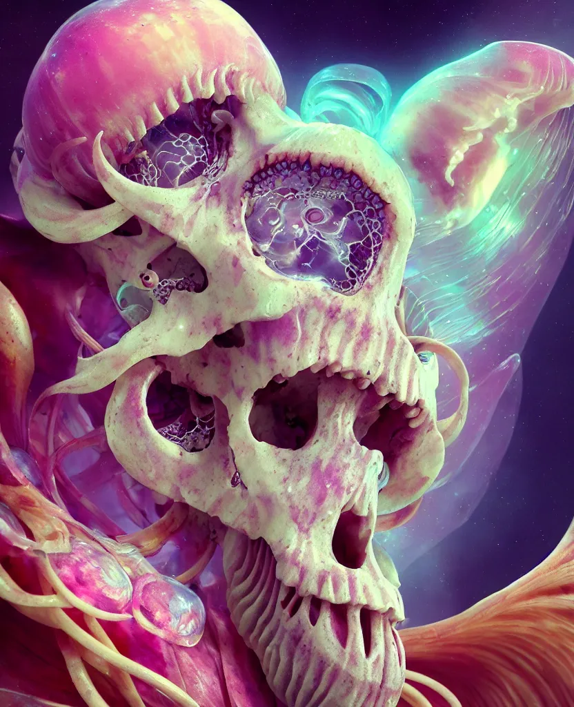 Image similar to goddess princess face close-up portrait ram skull. jellyfish phoenix head, nautilus, orchid, skull, betta fish, bioluminiscent creatures, intricate artwork by Tooth Wu and wlop and beeple. octane render, trending on artstation, greg rutkowski very coherent symmetrical artwork. cinematic, hyper realism, high detail, octane render, 8k