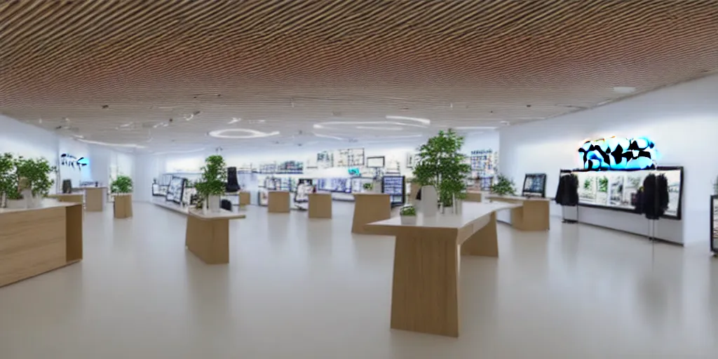 Image similar to wide angle photograph, atmospheric, realistic lighting, light bloom sunlight, nature outside, reflections, small samsung store. white walls. timber floor. display tables with phones and tablets. low ceilings with downlights and spots. curved white furniture with large digital screens. a few plants in the background