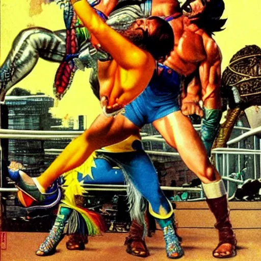 Prompt: macho man randy savage fights chun-li, norman rockwell style