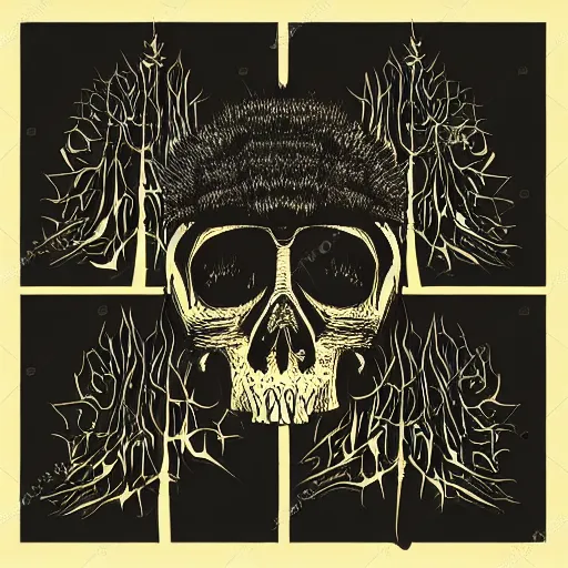 Image similar to dark death metal themed vector illustration for a record label, trees. forest, spikes, skull, microphone, skull, award winning, grunge, iconic, golden ratio