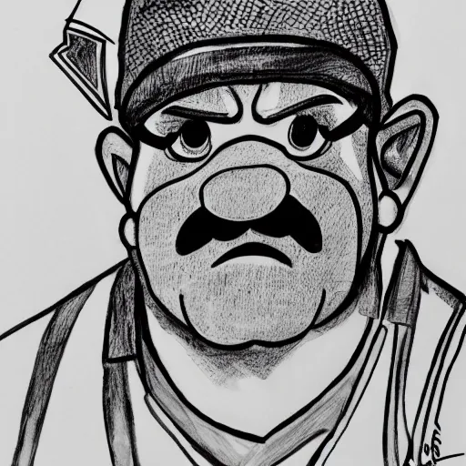 Prompt: continuous single line contour - drawing of wario, pen on white paper