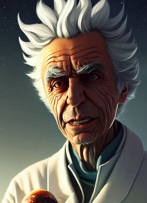 Prompt: rick sanchez portrait wearing a white lab coat. highly detailed. digital painting. smooth. alien planet background. art by greg rutkowski