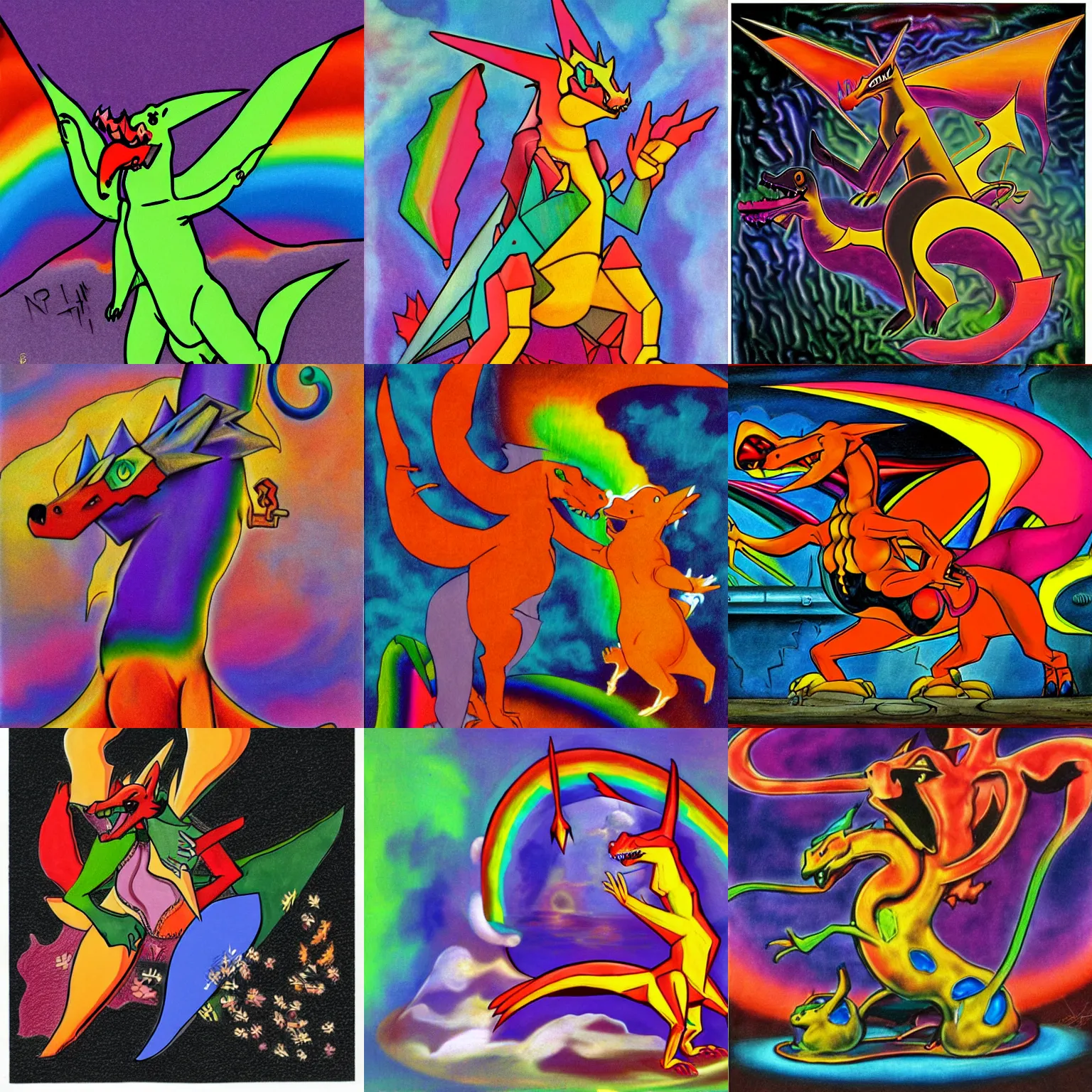 Prompt: lgbt charizard in the style of dali, psychedelic, hyper surrealism, abstract, avant garde, cyberpunk, chaotic