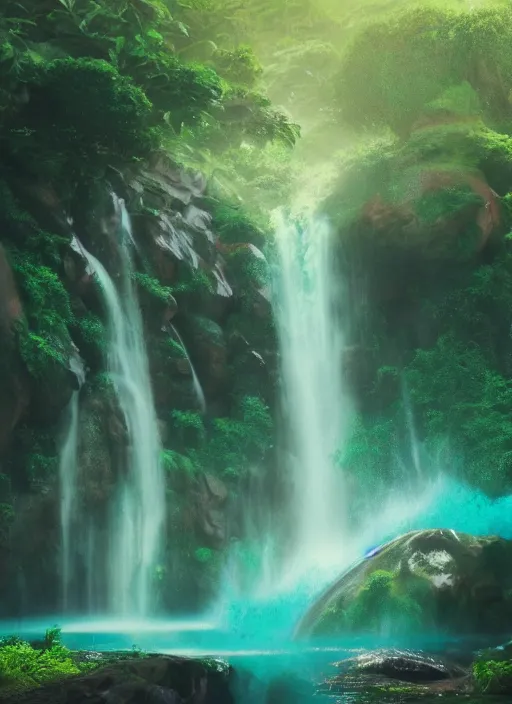 Image similar to epic jungle turquoise waterfall, highly detailed, mist, god rays, cinematic, cinematic lighting, octane render, ultra details, pastel painting by tyrus wong, 8K