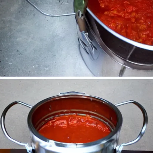 Prompt: doge trapped in tomato sauce pot