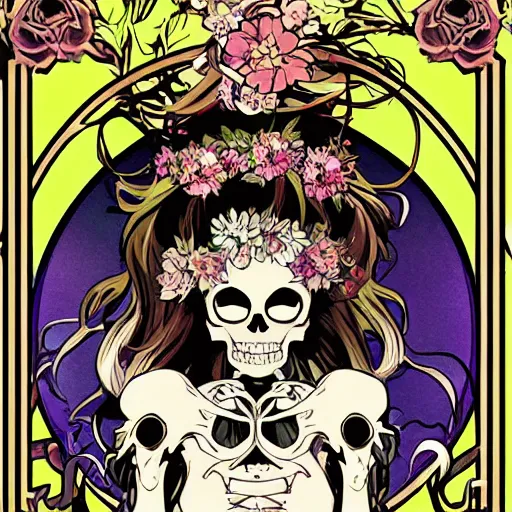 Prompt: anime manga skull portrait young woman hair floral crown fairytale comic skeleton illustration xmen style by Alphonse Mucha and Steve Ditko and Jim Lee pop art nouveau