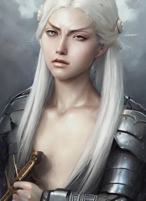 Image similar to girl with shoulder length white hair, steel samurai armor, beautiful highly detailed face, beautiful painting by artgerm and greg rutkowski and raymond swanland