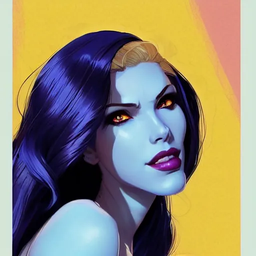 Image similar to portrait of beautiful Mystique from X-Men, League of Legend illustration by Ilya Kuvshinov:2, profile picture by Gil Elvgren:2, asymmetrical, Organic Painting, Ambient Occlusion:3, Matte Painting, bold shapes, hard edges, street art, trending on artstation, realistic:2 by Sachin Teng:5