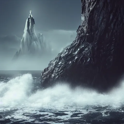 Image similar to photograph with stylish lens effect, stylistic lighting, 1 9 8 0's sci - fi style, extremely epic, hyppereality, weta digital, octane render, a giant towering man in black evil pope robes floating above crashing dramatic ocean waves with sea foam and sea spray along a rocky coast, cinema 4 d, volumetric lighting