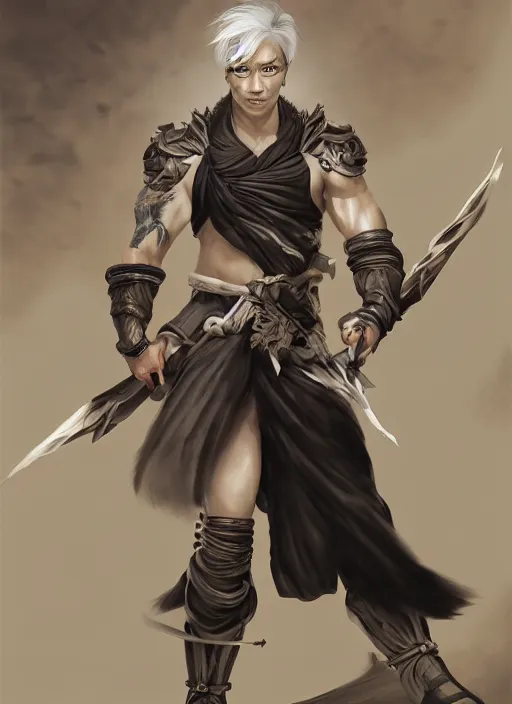 Image similar to a highly detailed illustration of short white hair parted down middle fierce asian man, wearing hakama, with black sclera eyes, heroically battle posing, muscular, intricate, elegant, highly detailed, by greg rutowski, centered, digital painting, artstation, cgsociety, concept art, smooth, sharp focus, league of legends concept art, WLOP