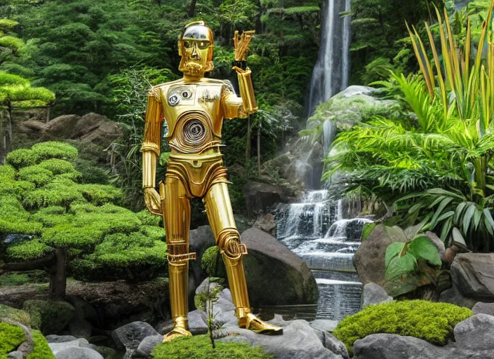 Image similar to C-3PO sitting in a lush japanese garden, C-3PO is holding an ar-15, waterfall, bright sun, still from star wars, shot on film, depth of field, nature show, incredible detail, dramatic lighting