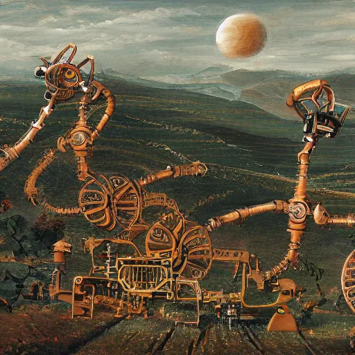 Image similar to a machine with 6 mechanical arms painting a landscape