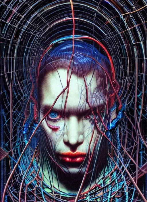 Prompt: dark cyberpunk eye in forest, a lot of cables around, by francis bacon, by ayami kojima, by amano, by karol bak, greg hildebrandt, by mark brooks, by alex grey, by zdzisław beksinski, by takato yamamoto, radiant colors, ultra detailed, high resolution, wrapped thermal background