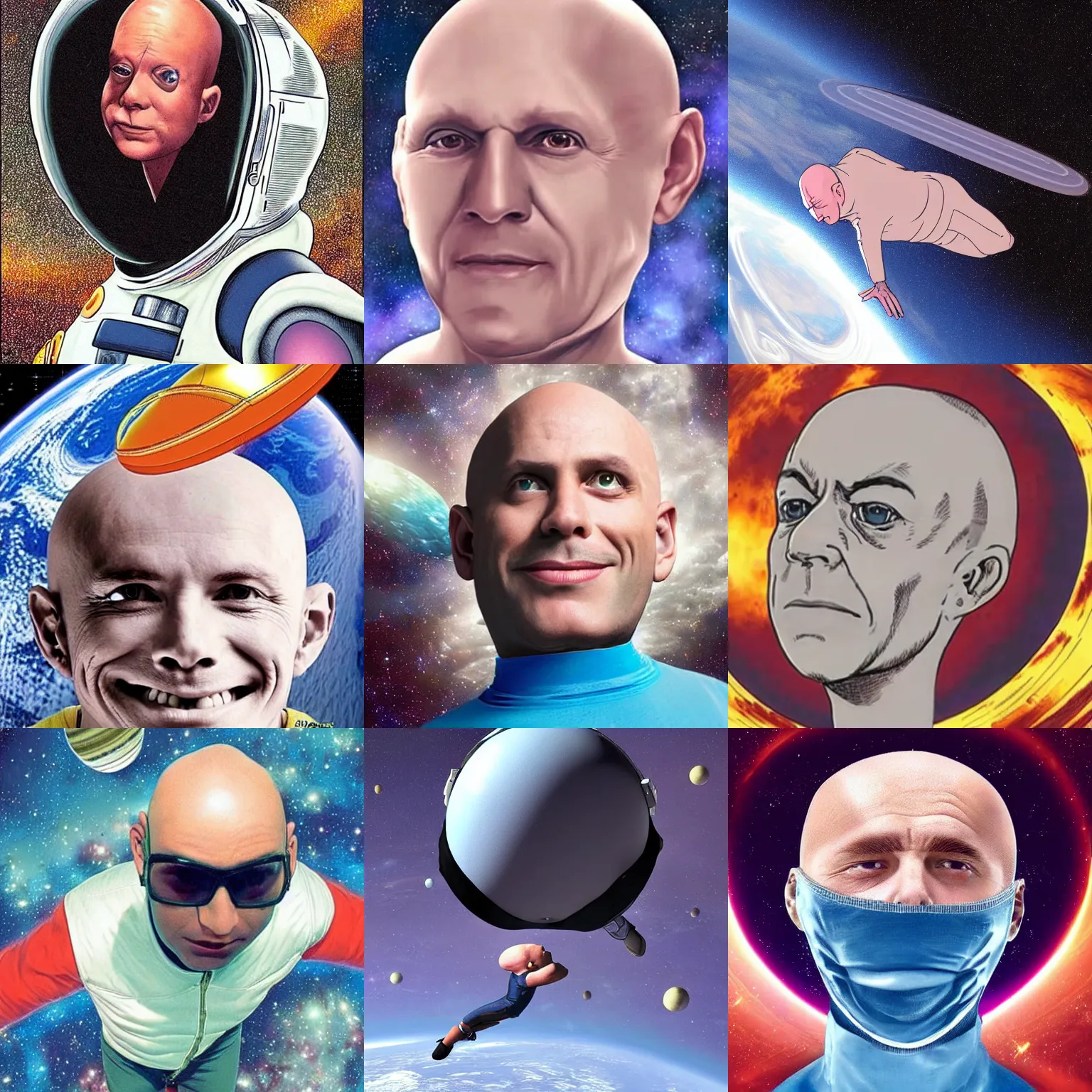Prompt: a head bald!!! no body!!! floating!!! in space!!!