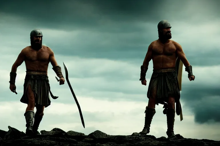 Prompt: cinematic action shot of joe biden as leonidas in 3 0 0 movie, 8 k, epic moody sky, dramatic lighting