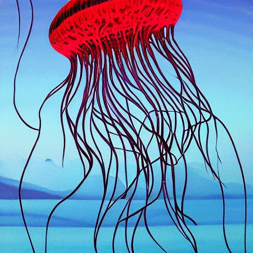 Prompt: jellyfish jumping up a mountain, alex gray