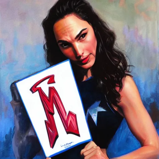 Image similar to Gal Gadot holding a sign that says M I T C H I E P O O !!!! as painted by Ralph Horsley