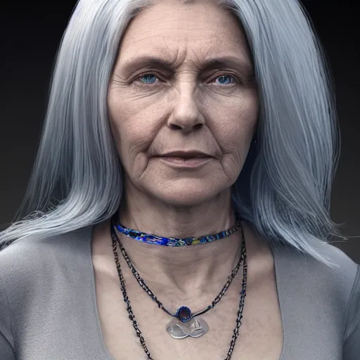 Prompt: **a beautiful woman with gray hair wearing a necklace and rings , 8K resolution, astral, aurora, hyperdetailed, serene, Mystic, trending on Artstation, Unreal Engine, digital art, soft focus, wide-angle lens**