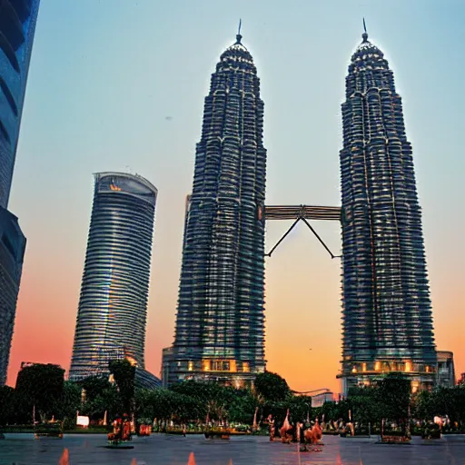 Image similar to the petronas towers shaped like elac debut floor standing speakers, ultra realistic, kodachrome 6 4, golden hour image