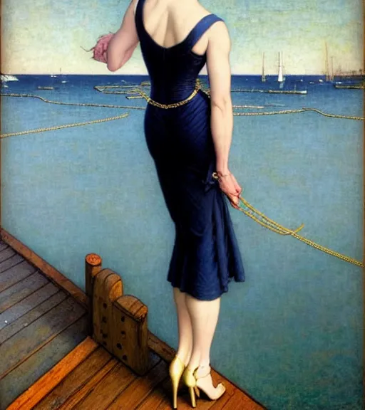 Image similar to a fancy beautiful young lady standing on a wharf at the edge of the sea by brom and gil elvgren and jean delville and william blake and norman rockwell and michael whelan, crisp details, hyperrealism, high detail, high contrast, low light, stylish navy blue heels, gold chain belt, cream colored blouse