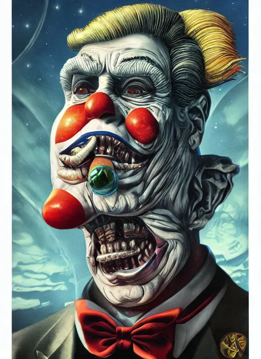 Image similar to donald trump is a disgusting clown, grotesque, horror, high details, intricate details, by vincent di fate, artgerm julie bell beeple, inking, vintage 90s print, screen print