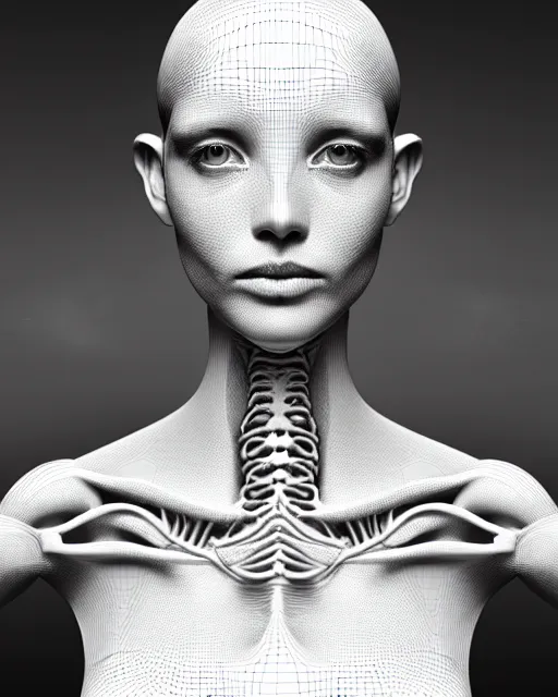 Image similar to a black and white 3D render of a beautiful portrait of a young female angelic-dragon-cyborg face with a very long neck, 150 mm, orchids, Mandelbrot fractal, anatomical, flesh, facial muscles, veins, arteries, full frame, microscopic, elegant, highly detailed, flesh ornate, elegant, high fashion, rim light, ray trace, octane render in the style of H.R. Giger and Man Ray, Realistic, Refined, Digital Art, Highly Detailed, Cinematic Lighting, rim light, black and white, photo-realistic Unreal Engine, 8K