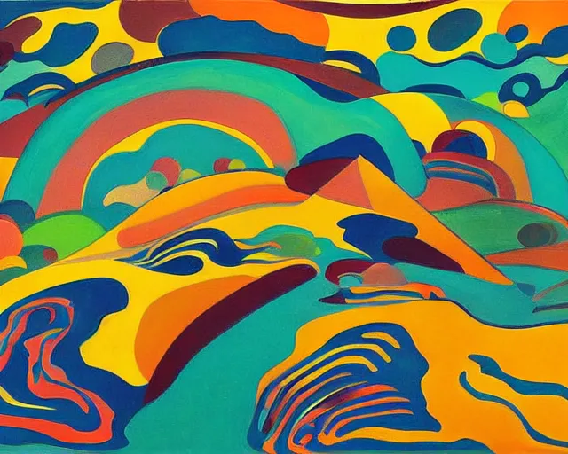 Image similar to A wild, insane, modernist landscape painting. Wild energy patterns rippling in all directions. Curves, organic, zig-zags. Saturated color. Mountains. Clouds. Rushing water. Wayne Thiebaud. Charles Burchfield.