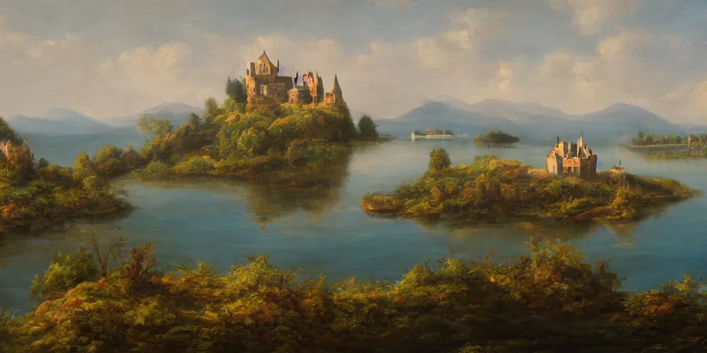 Prompt: a castle on an island in the middle of a lake. a city on the left and a field in the right. one boat one is floating in the lake. oil painting, realistic, 4 k high resolution