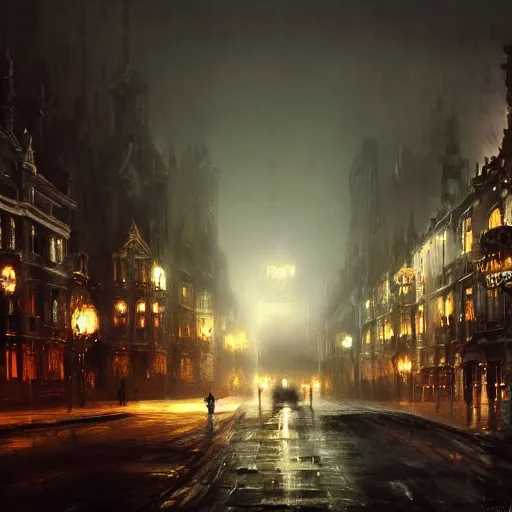 Image similar to victorian city, dark, misty, at night, 8 k, detailed, concept art, trending on artstation