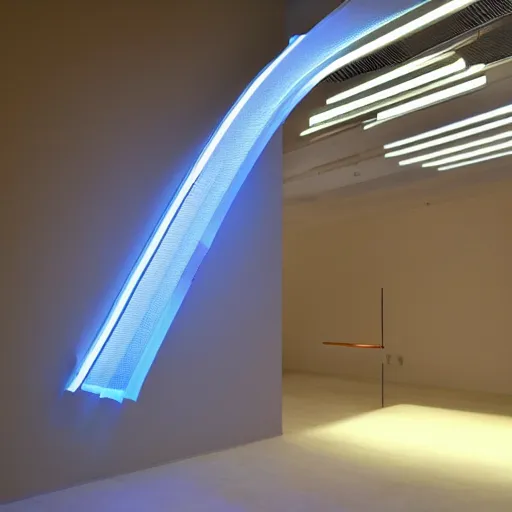 Prompt: a led - strip lamp hanging from the sealing, c, sci - fi look, by frank gehry, concept art