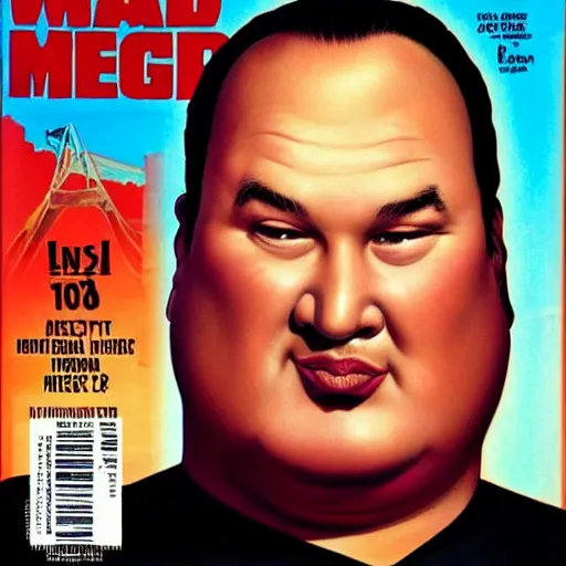 Image similar to mad magazine cover photo portrait caricature obese steven seagal, large head, very small body