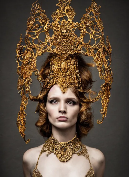 Prompt: a portrait of female model by stefan geselle, photorealistic, intricate details, hyper realistic, fantasy, elegant, ornate metal gold headpiece, photorealistic, canon r 3, photography, wide shot, symmetrical features, wide angle shot, head to toe, standing pose, feet on the ground, studio background, wearable art