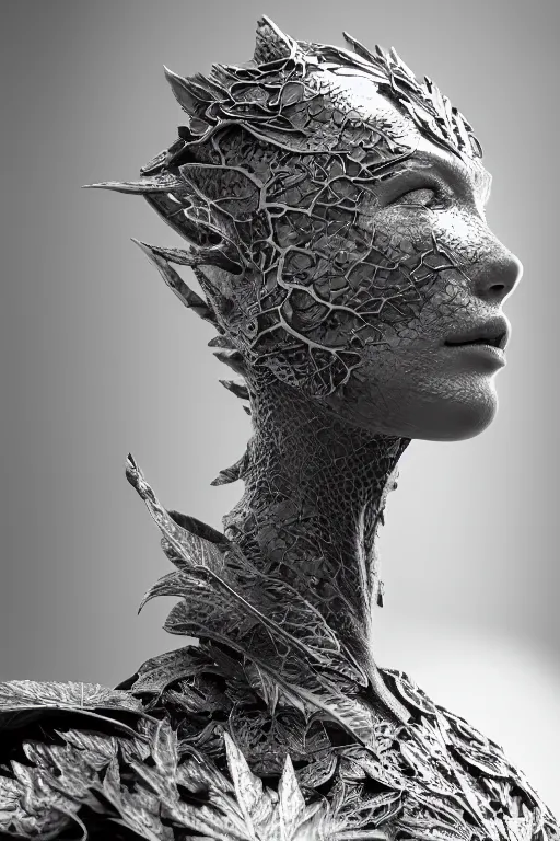 Prompt: monochrome close - up profile face, black background, beautiful young porcelain vegetal - dragon - cyborg - female, 1 5 0 mm, beautiful natural soft rim light, silver gold details, magnolia leaves and stems, roots, mandelbot fractal, elegant, hyper real, ultra detailed, white metallic armour, octane render, 1 6 k