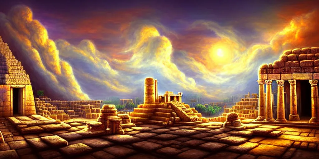 Image similar to illusion painting hidden temple in the clouds : an adorable small fox in the huge ruins of the second temple in jerusalem. a new temple hovers quietly hiding in the dreamy clouds above. a hooded bearded old man in a brown tunic laughing, colorful 8 k, art station, intricate superb details, digital art, illusion painting hidden image.