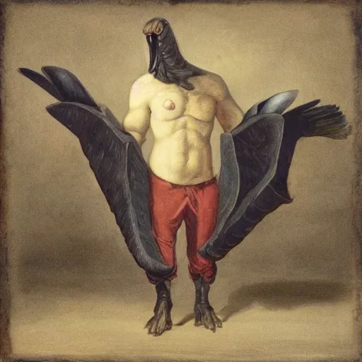 Image similar to monster composed of falcon beak, gorilla arms, horse legs, wearing a robe