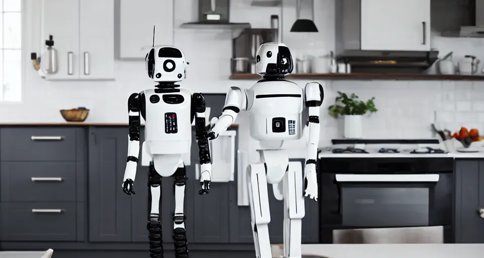 Image similar to short droid robot helper, white plastic and shiny black, IKEA Catalogue photo in a high end farmhouse style kitchen